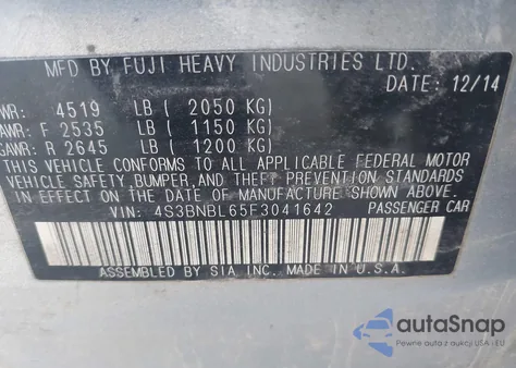 2015 Subaru Legacy 2.5I Limited z USA, uszkodzony, nr VIN 4S3BNBL65F3041642